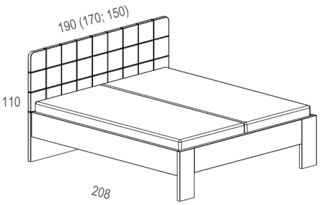 Postel Ariana dvoulÅ¿lÅ¿lko bez Å¾loÅ¶nÃ©ho prostoru – nÃ¡kres s vyznačenÃ½dmi rozmÄ‚ÄŽry a vysokÃ½m čelem