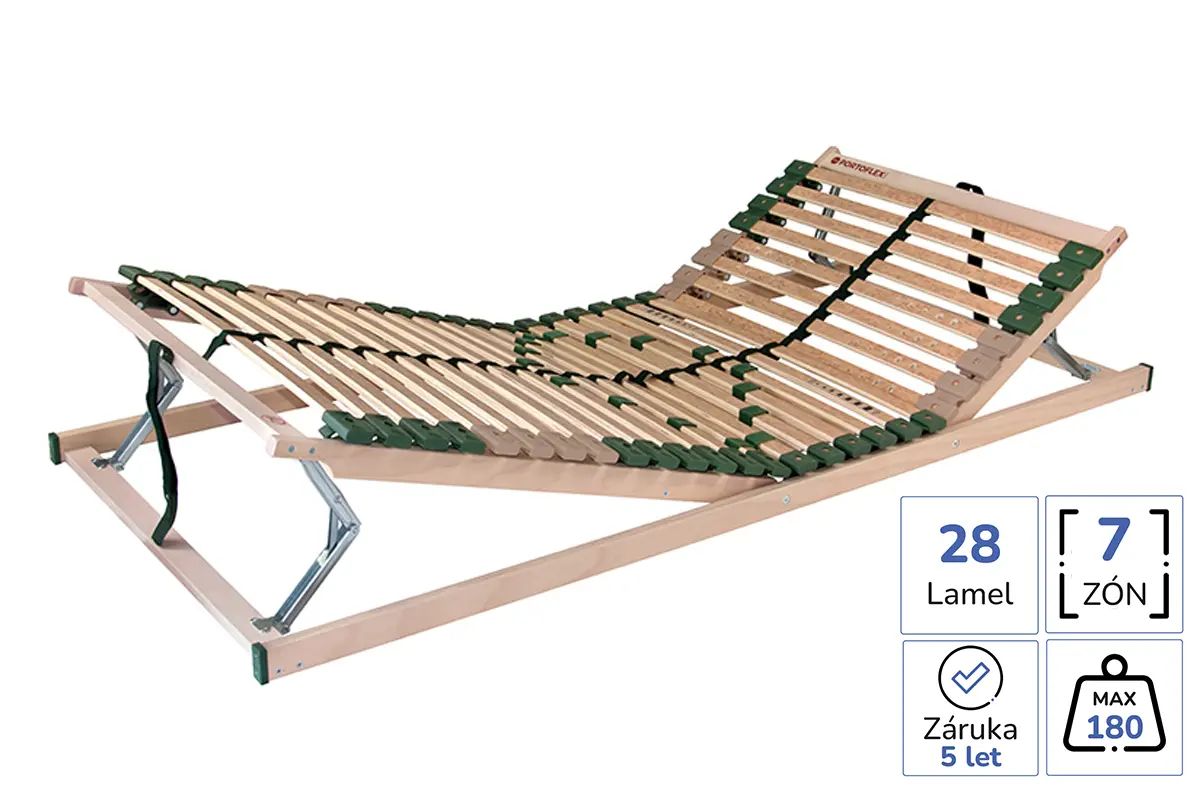 Polohovaci lamelovy rost Portoflex Mega HN s rucnim nastavenim hlavove a nozni casti, 28 lamel, 7 zony, pruzne pouzdra, nosnost 180 kg a centralni pasek