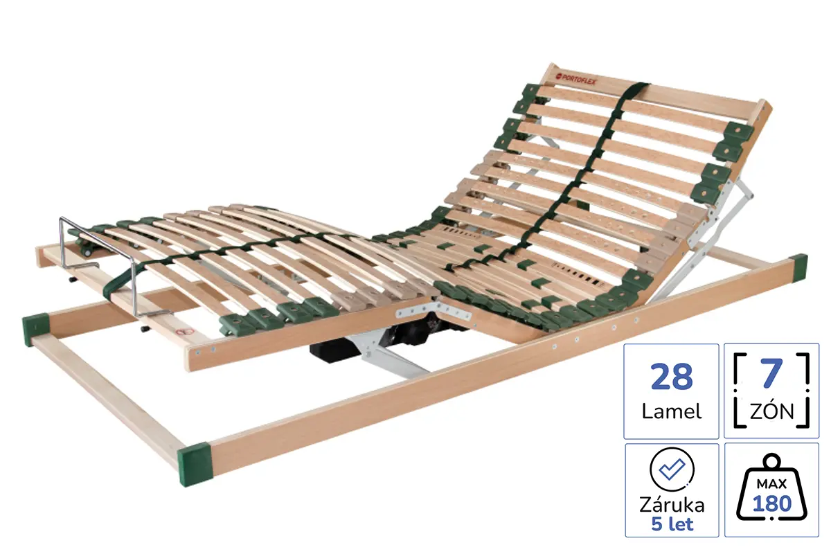 Motorovy lamelovy rost Portoflex Motor Standard s 28 lamelami, 7 zonami tuhosti, nosnosti 180 kg a elektrickym polohovanim hlavove i nozni casti, drevena konstrukce