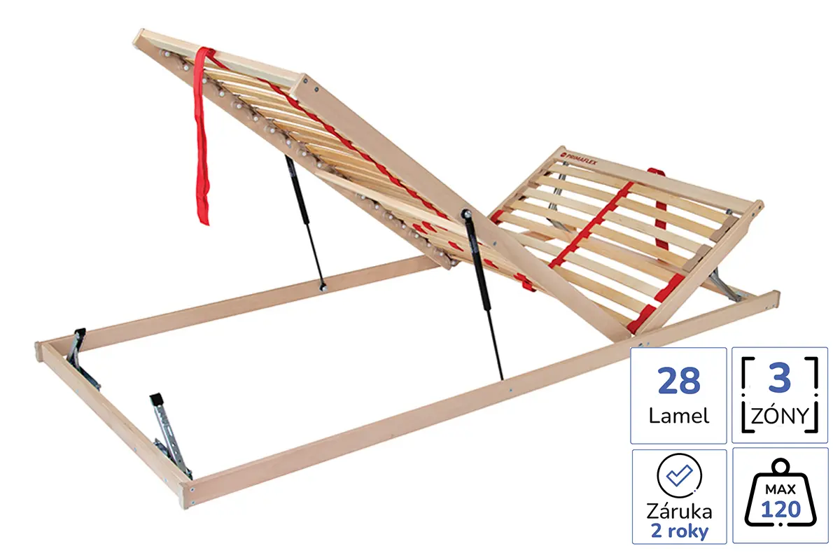 Kombinovany lamelovy rost Primaflex HN P s nastavitelne polohovatelnou hlavovou a nozni casti a bocnim vyklopnym mechanismem na pist, 28 lamel, 3 zony, nosnost 120 kg a dreveny ram