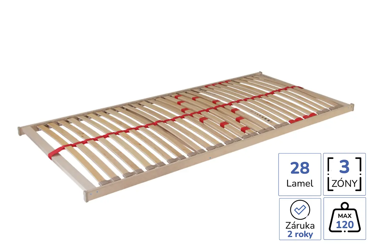 Lamelovy rost Primaflex s 28 lamelami a 3 zonami tuhosti, centralni pasek, nosnost 120 kg, drevena konstrukce, zaruka 2 roky